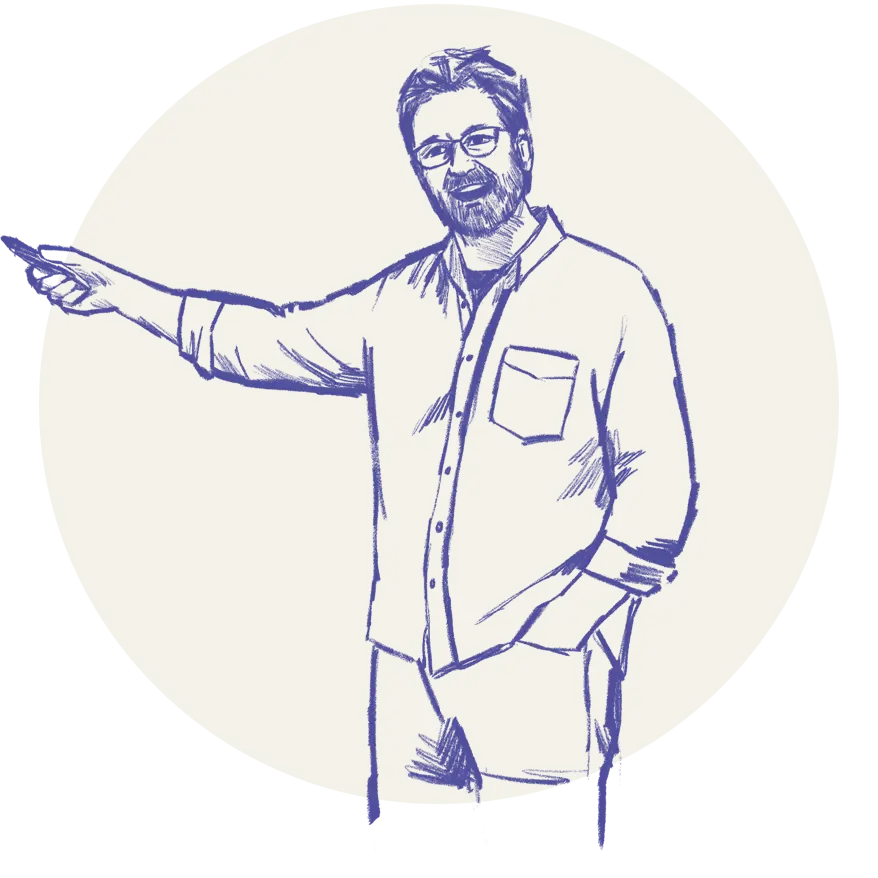 Illustration av en man med glasögon och skägg som pekar ut mot sidan.