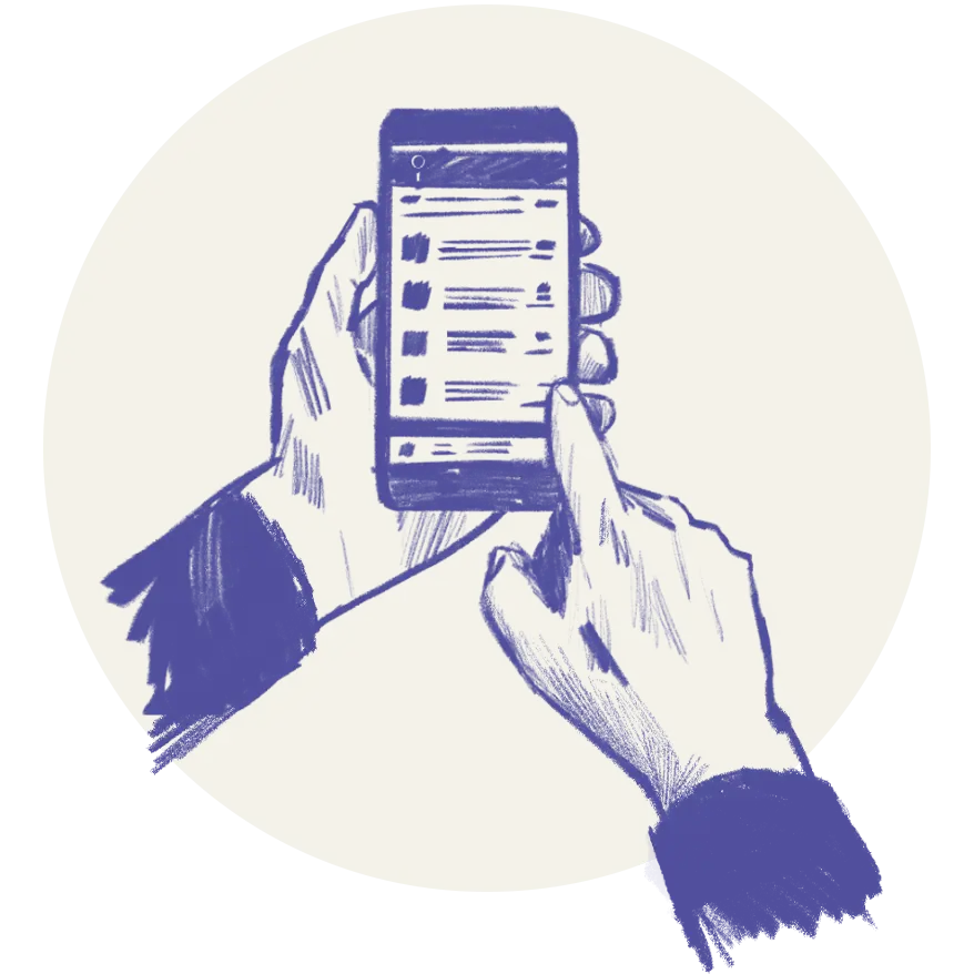 Illustration av händer som håller i och scrollar på en smartphone.