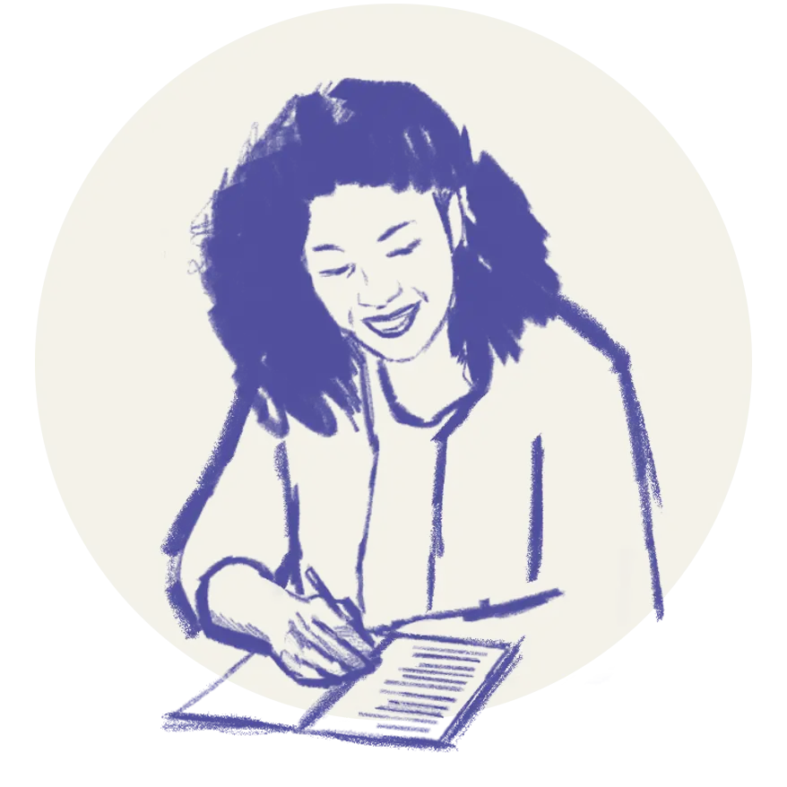 Illustration av en leende kvinna som antecknar i ett block.